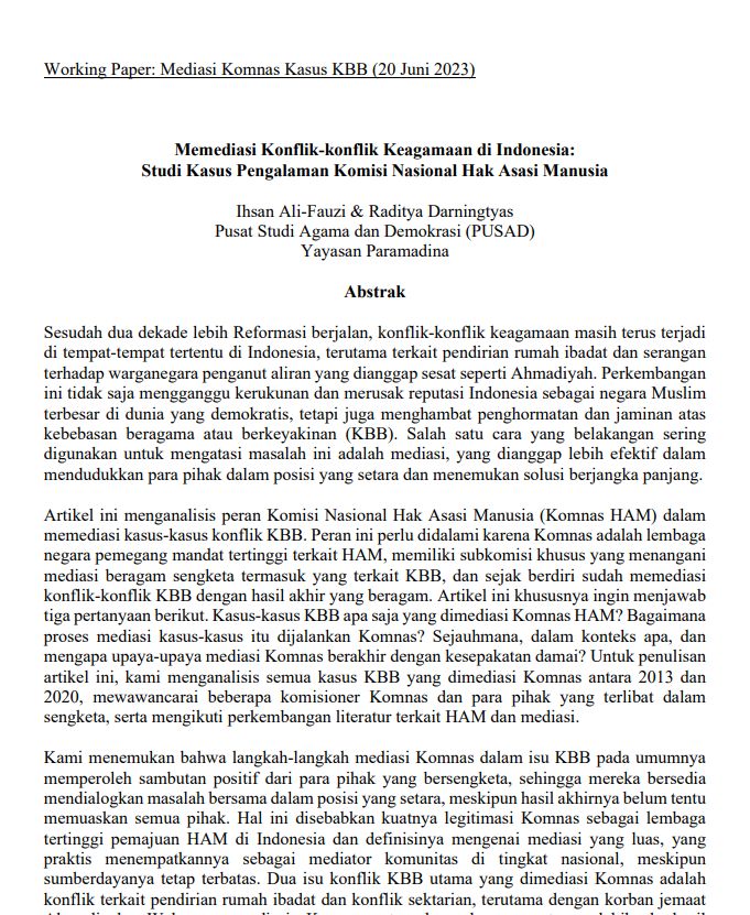Memediasi Konflik-konflik Keagamaan di Indonesia: Studi Kasus Pengalaman Komisi Nasional Hak Asasi Manusia